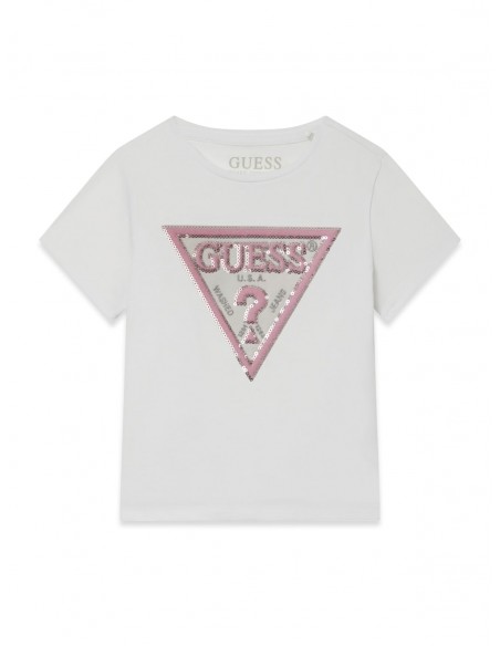 CAMISETA BLANCA CON LOGO ROSA Y LENTEJUELAS