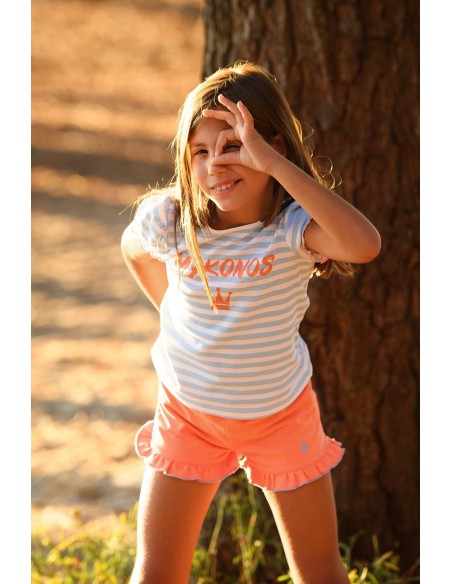 CAMISETA+SHORT FELPA CORAL/CELESTE NIÑA