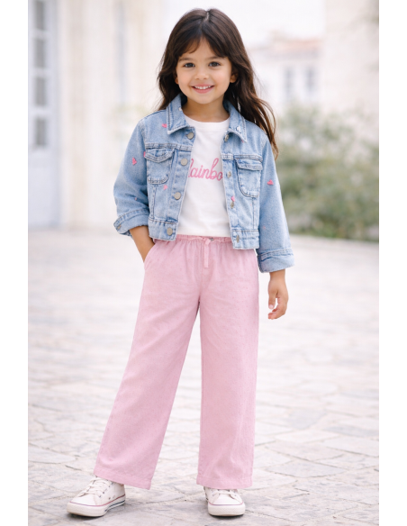 PANTALON ROSA FLOR BORDADA