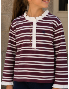 CAMISETA CUELLO VOLANTE RAYAS GRANATE/CRUDO