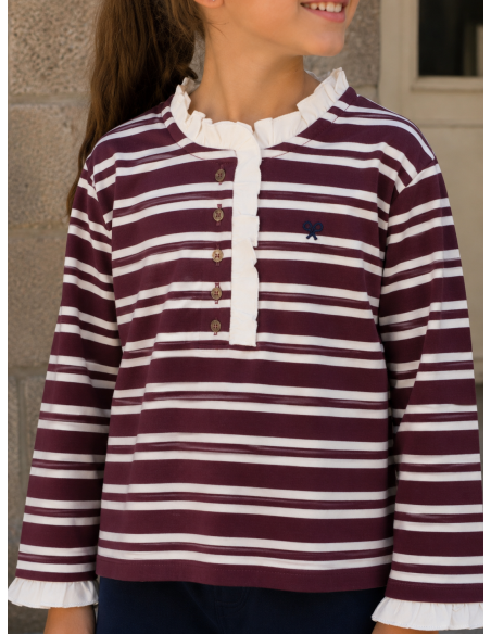 CAMISETA CUELLO VOLANTE RAYAS GRANATE/CRUDO