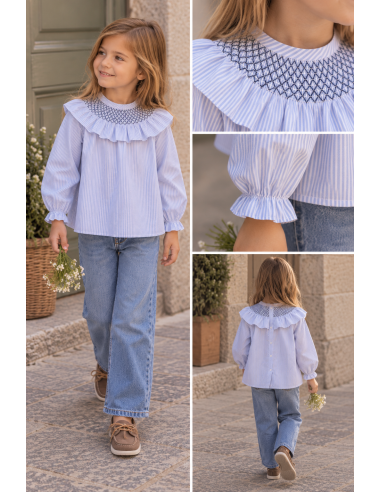 BLUSA CUELLO VOLANTE RAYA CELESTE 