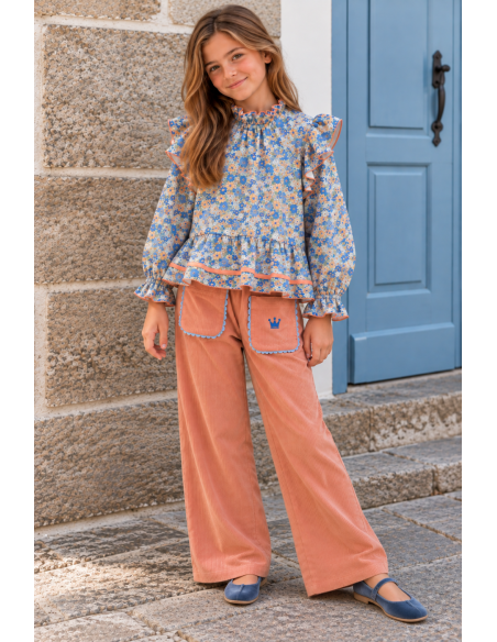 BLUSA FLORES+PANTALON PANA MELOCOTON