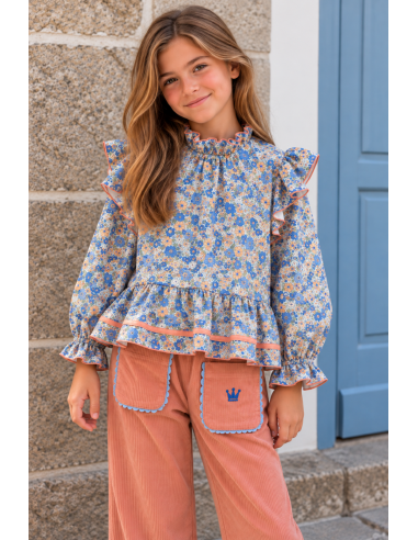 BLUSA FLORES+PANTALON PANA MELOCOTON