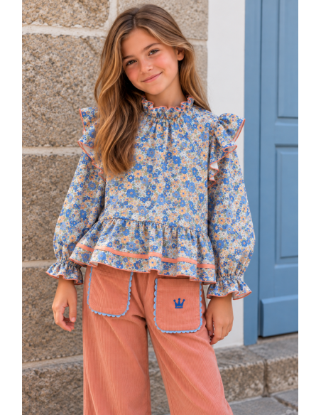 BLUSA FLORES+PANTALON PANA MELOCOTON