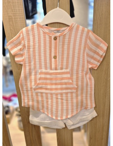 CAMISA RAYA CORAL+BERMUDA BLANCA